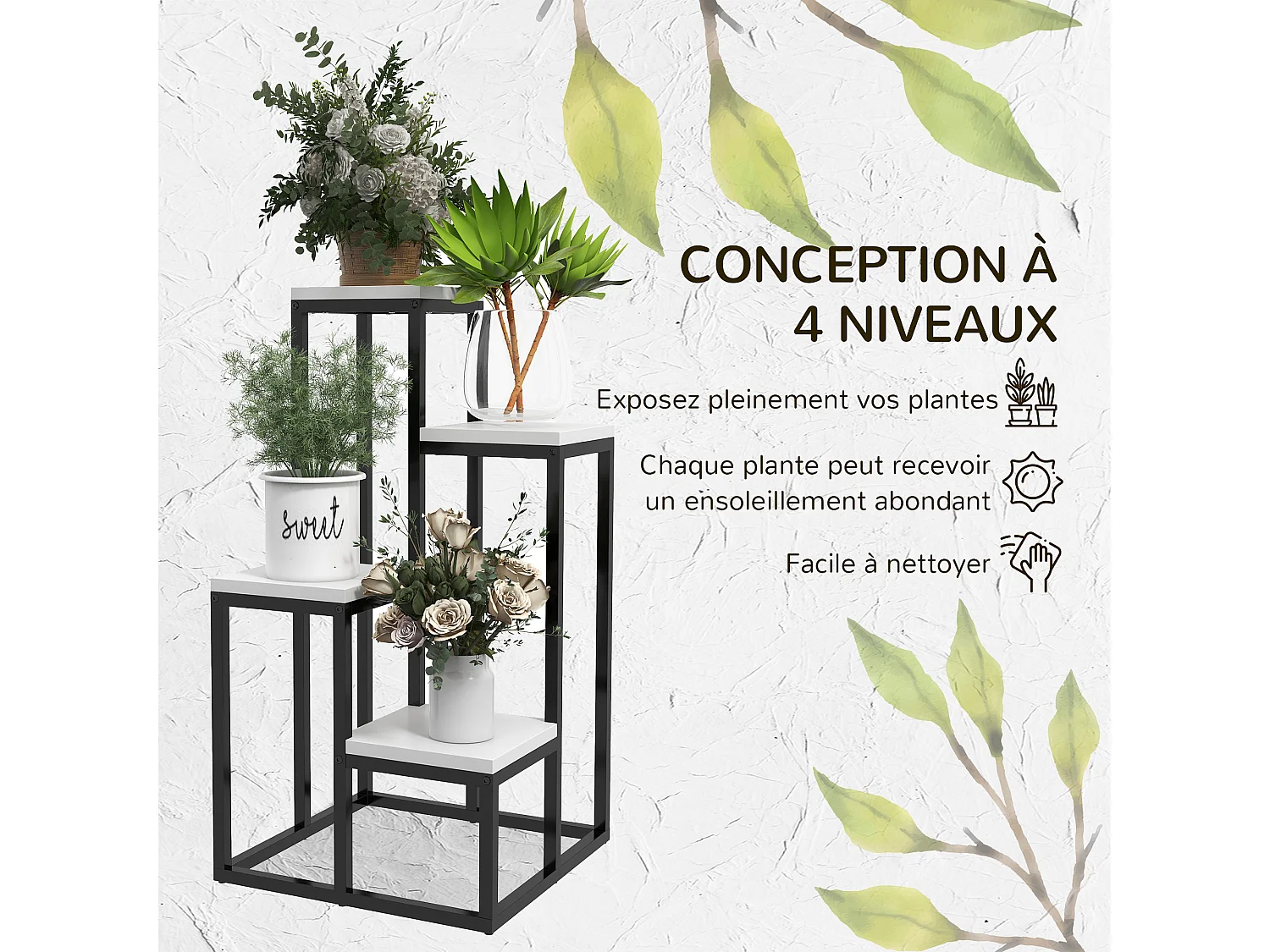 Porte-plantes style industriel 4 étagères - dim. 34L x 34l x 66H cm - métal sapin blanc