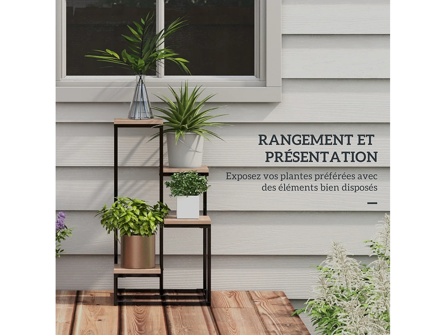 Porte-plantes style industriel 4 étagères - dim. 40L x 40l x 75H cm - acier noir bois sapin verni