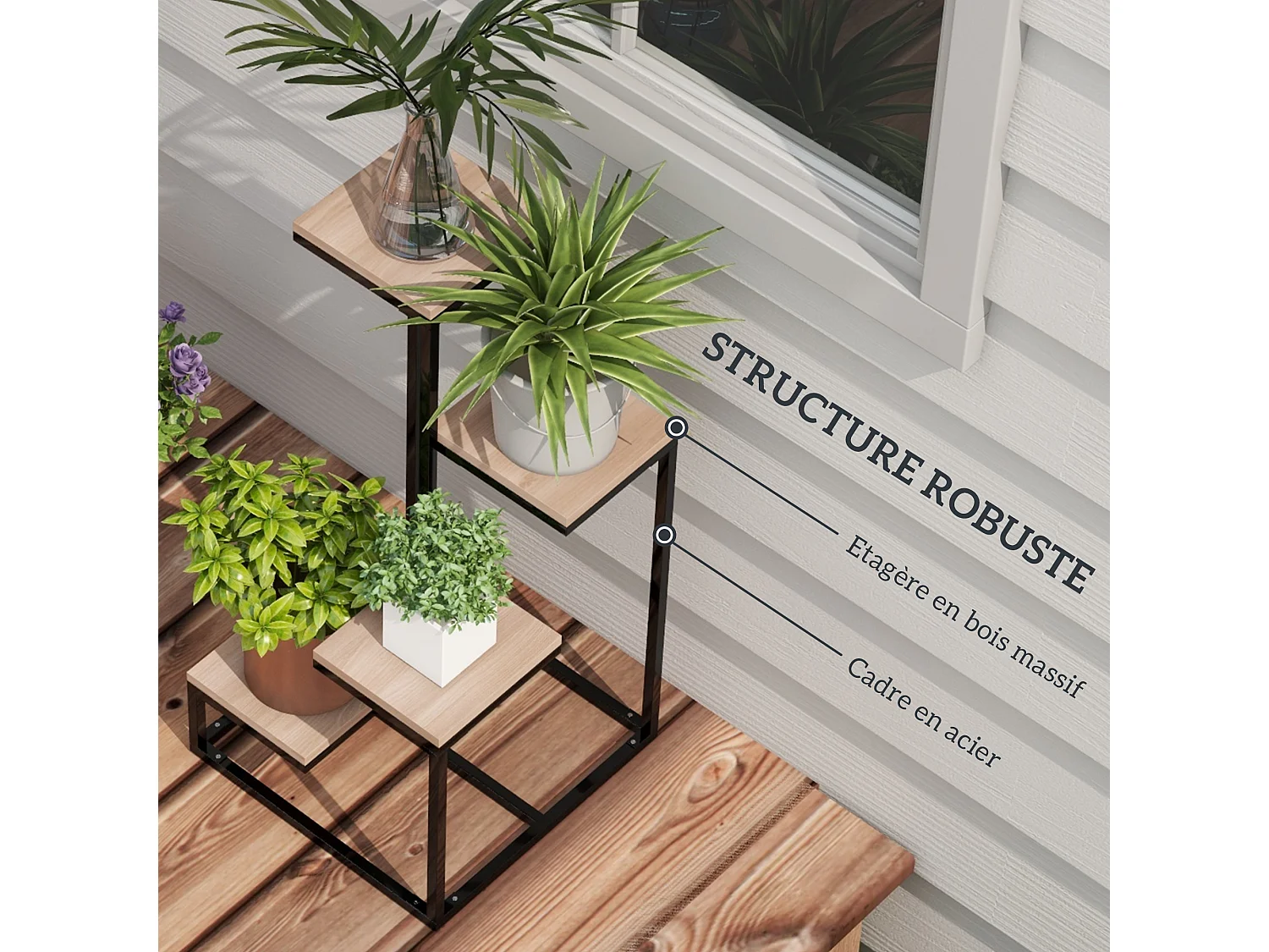 Porte-plantes style industriel 4 étagères - dim. 40L x 40l x 75H cm - acier noir bois sapin verni