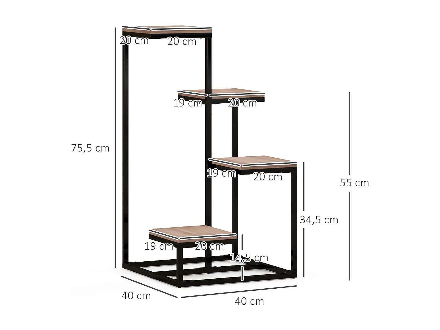Porte-plantes style industriel 4 étagères - dim. 40L x 40l x 75H cm - acier noir bois sapin verni