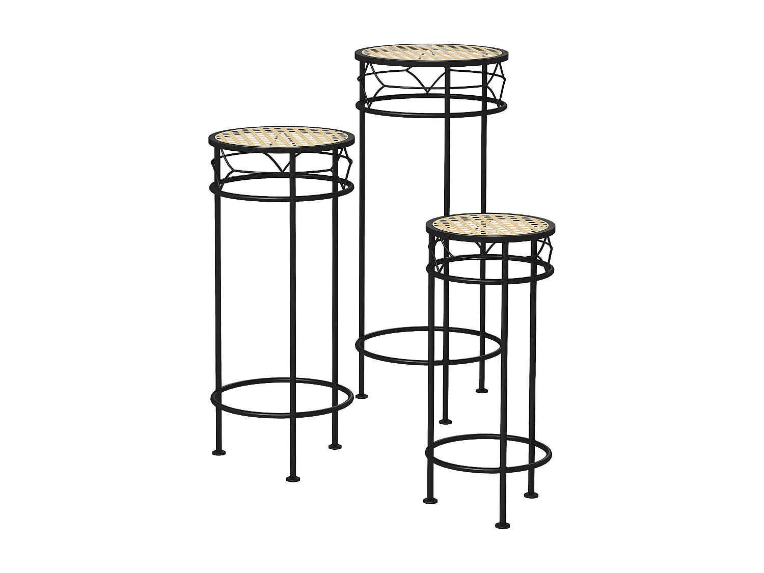 Lot de 3 supports pot de fleurs plateaux aspect rotin métal doré noir