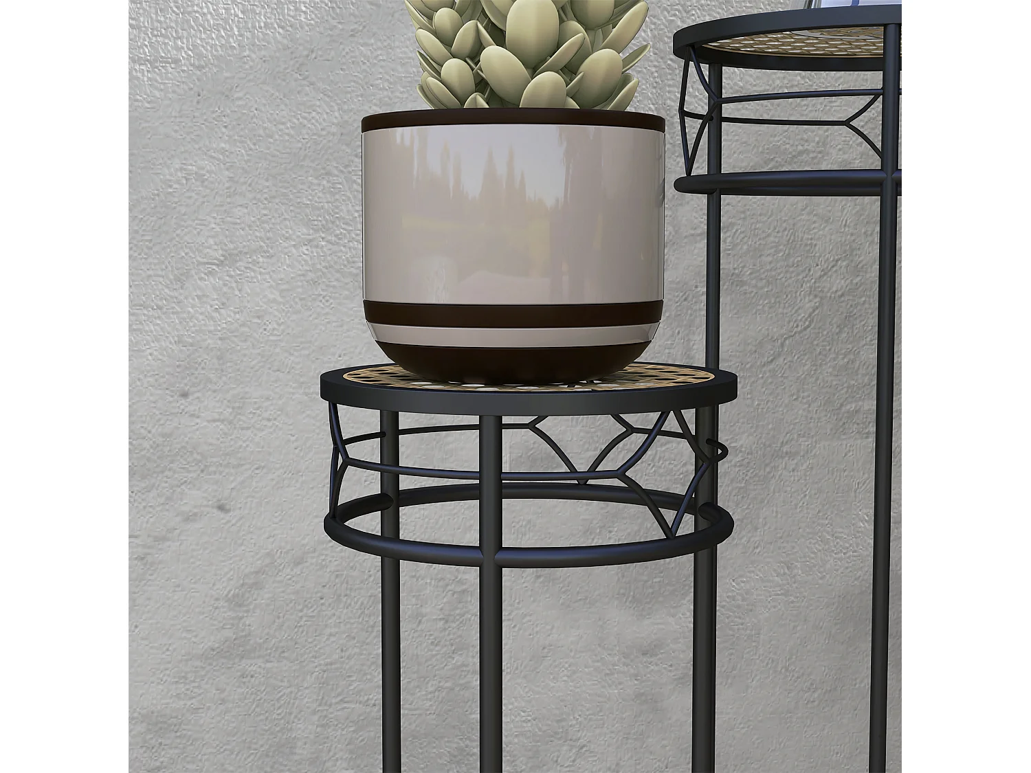 Lot de 3 supports pot de fleurs plateaux aspect rotin métal doré noir