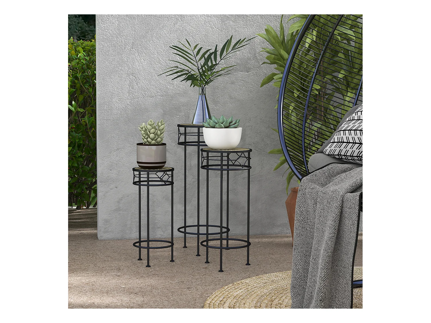 Lot de 3 supports pot de fleurs plateaux aspect rotin métal doré noir