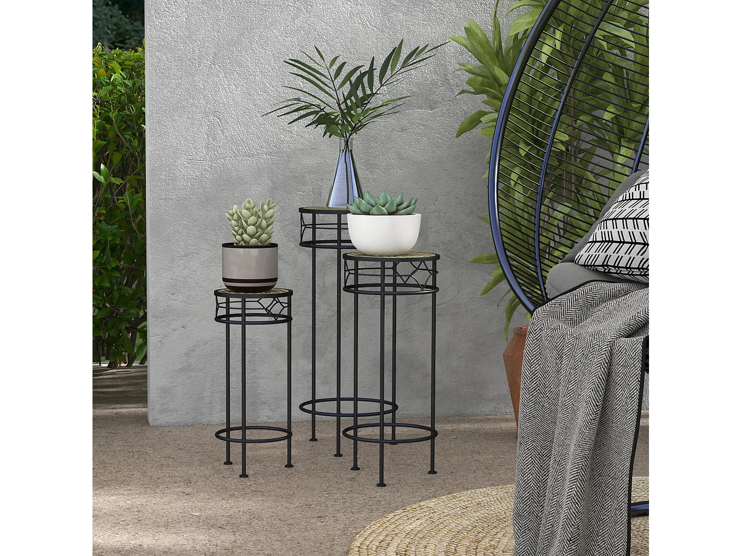Lot de 3 supports pot de fleurs plateaux aspect rotin métal doré noir