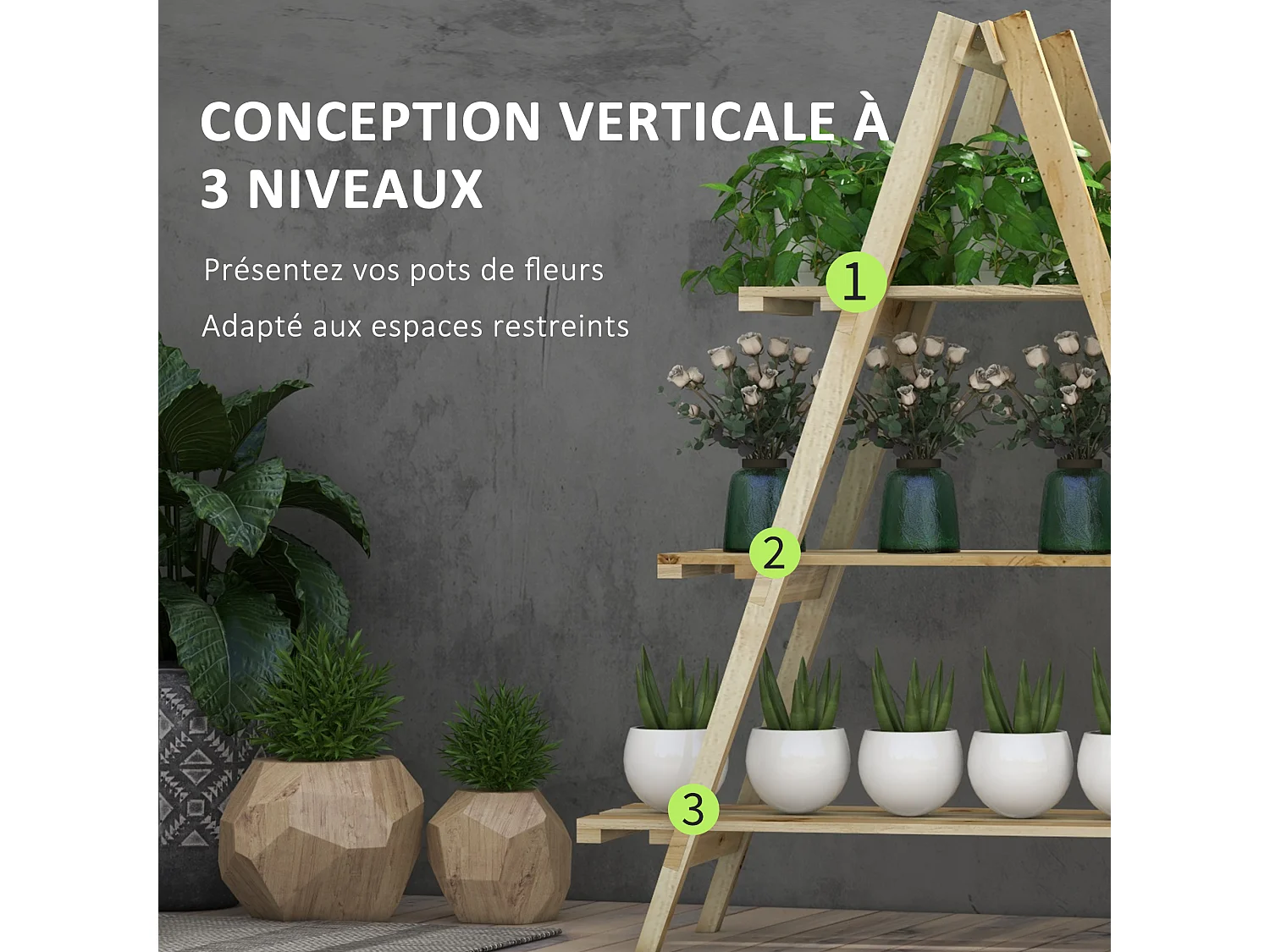 Étagère à fleurs pyramidale en bois - 3 étagères - bois sapin pré-huilé