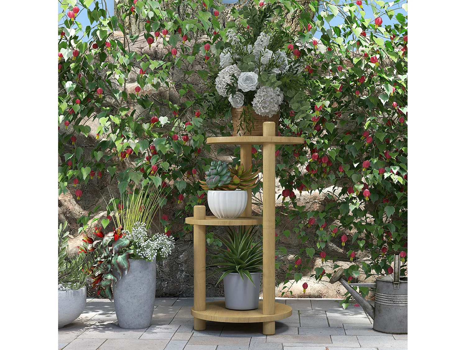 Étagère à fleurs en bois - porte plante bois 3 étagères rondes - dim. 41L x 39l x 68H cm - bois sapin verni