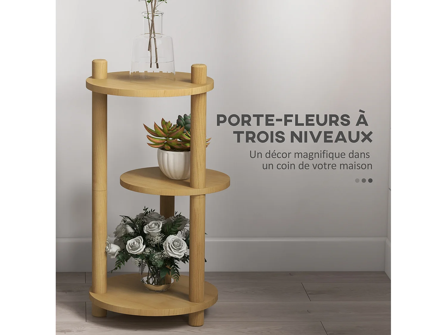 Étagère à fleurs en bois - porte plante bois 3 étagères rondes - dim. 41L x 39l x 68H cm - bois sapin verni