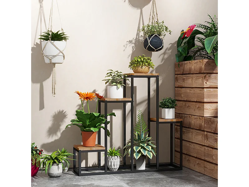 Porte-plantes style industriel 4 étagères - dim. 80L x 20l x 74H cm - acier noir bois sapin verni