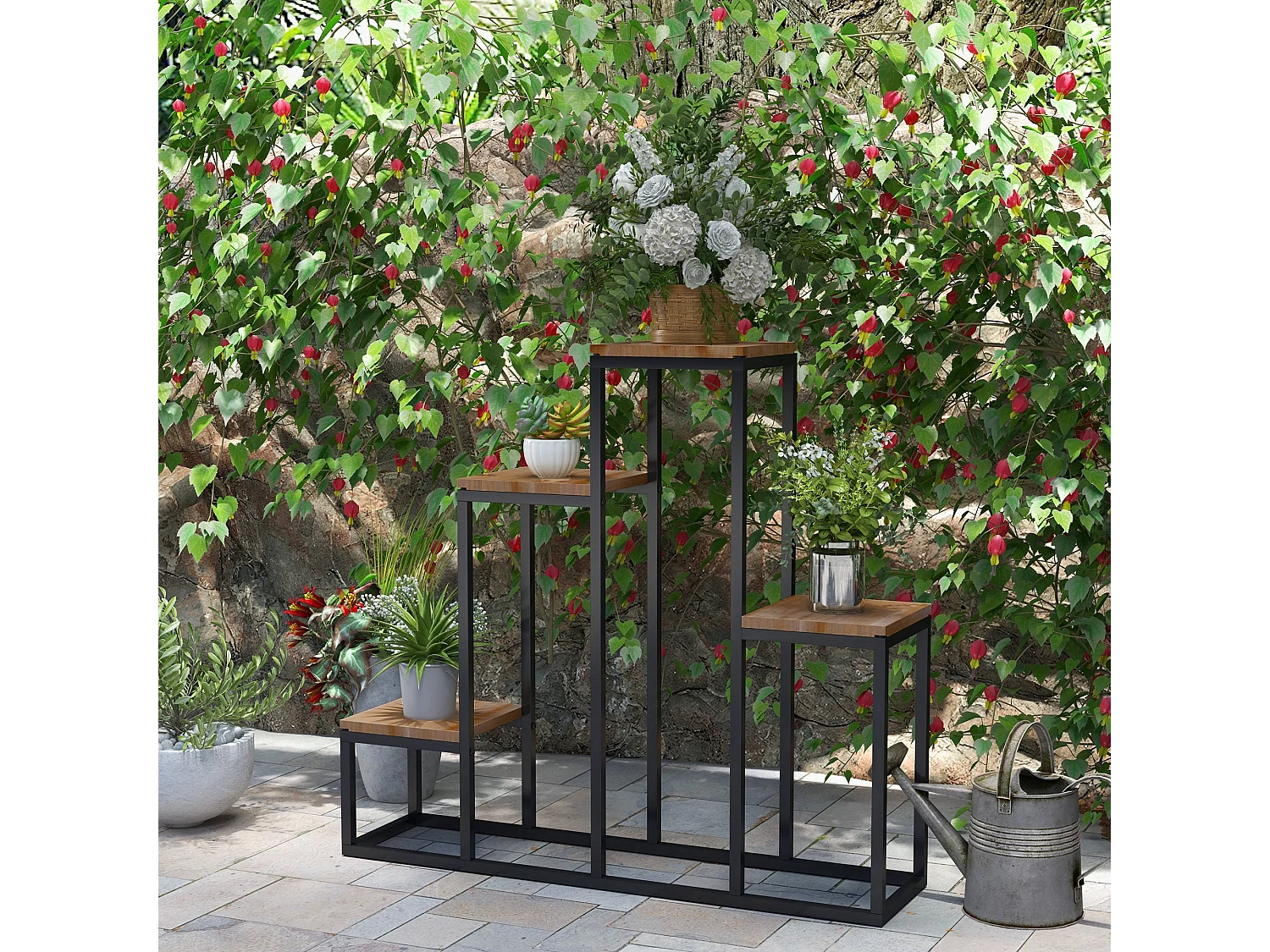 Porte-plantes style industriel 4 étagères - dim. 80L x 20l x 74H cm - acier noir bois sapin verni
