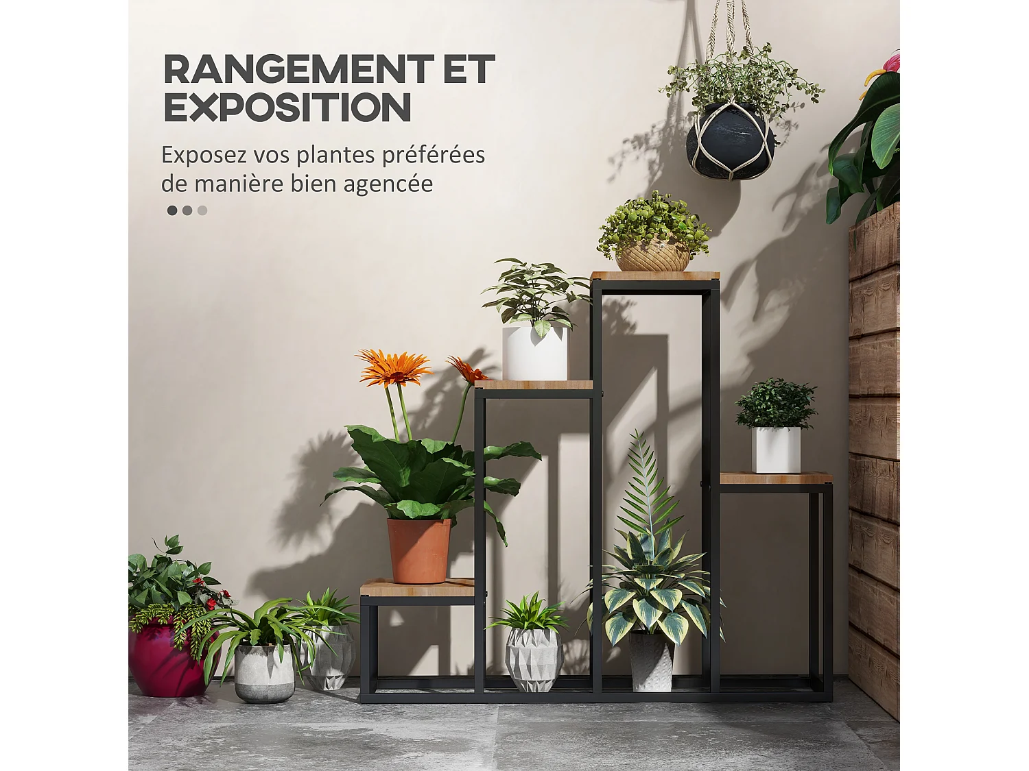 Porte-plantes style industriel 4 étagères - dim. 80L x 20l x 74H cm - acier noir bois sapin verni