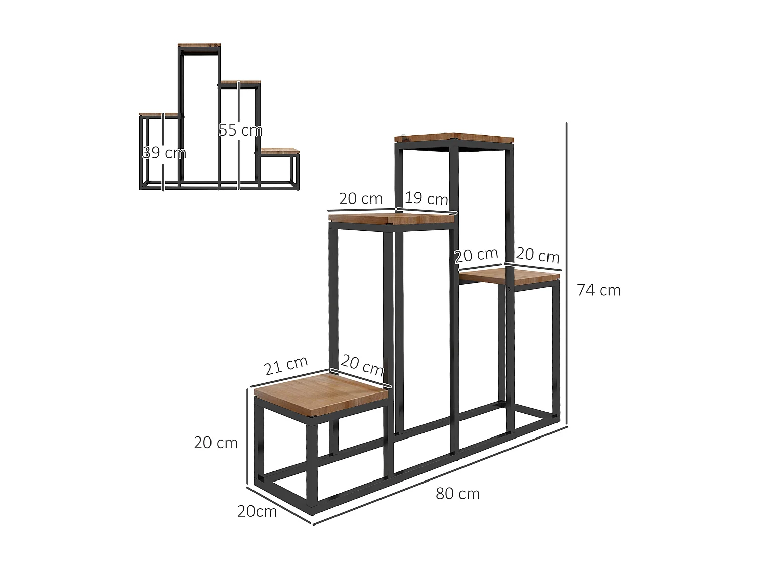 Porte-plantes style industriel 4 étagères - dim. 80L x 20l x 74H cm - acier noir bois sapin verni