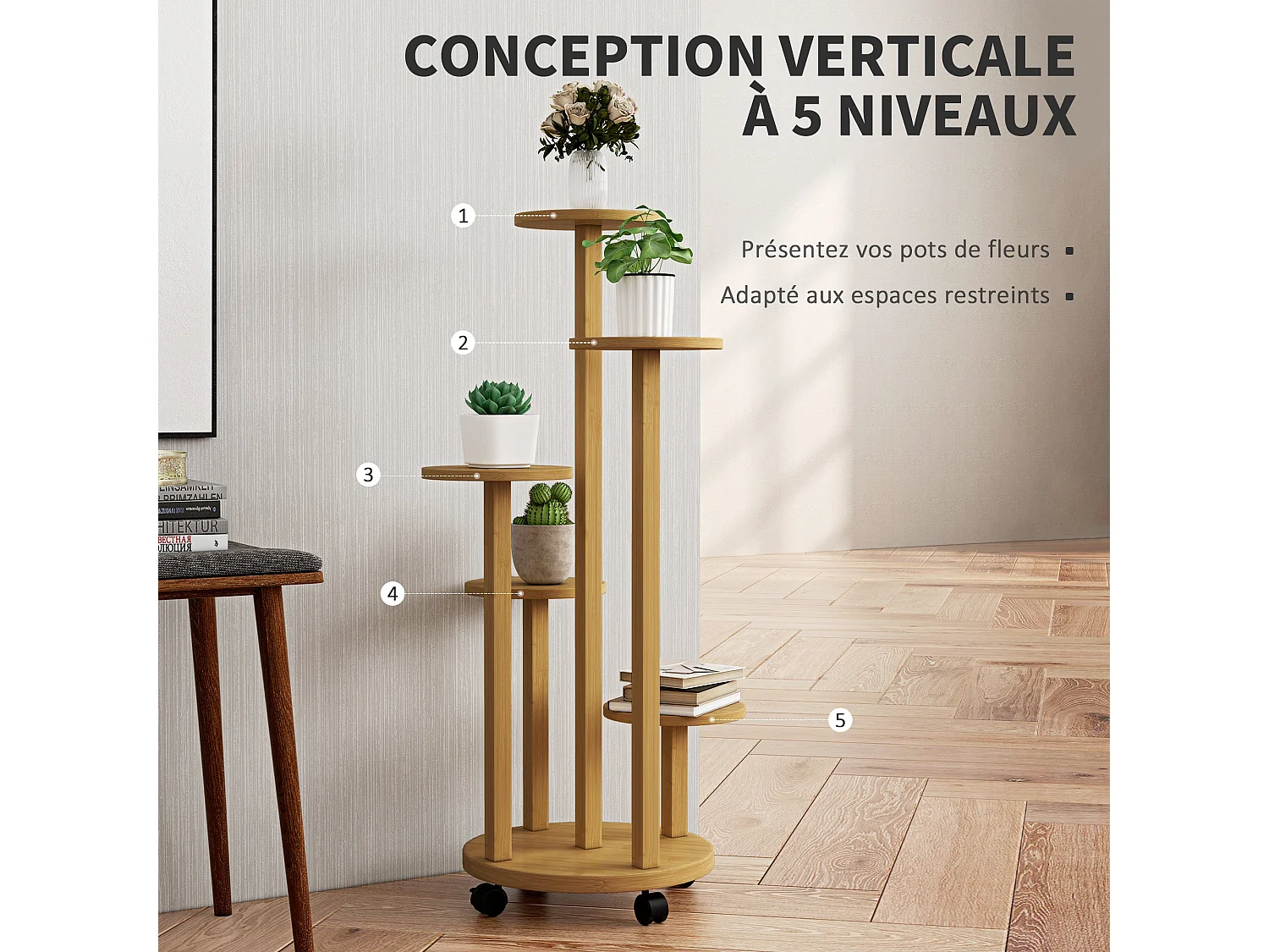 Étagère à plantes support à plantes 5 niveaux bambou