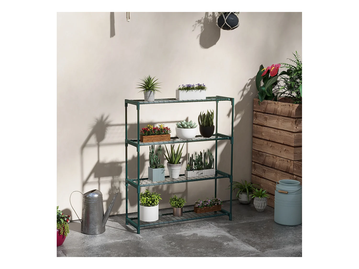 Étagère à fleurs 4 niveaux dim. 89L x 28l x 107H cm acier vert