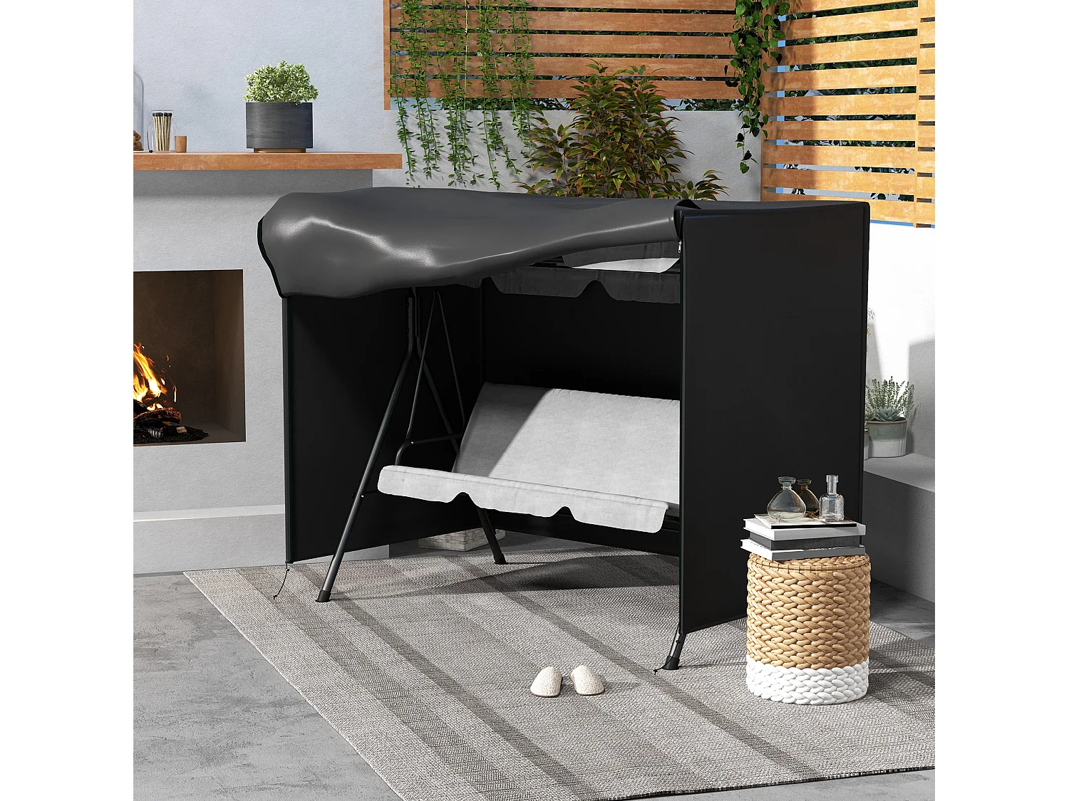 Housse de protection balancelle de jardin 3 places bâche étanche dim. 2,05L x 1,24l x 1,64H m polyester PVC haute densité noir