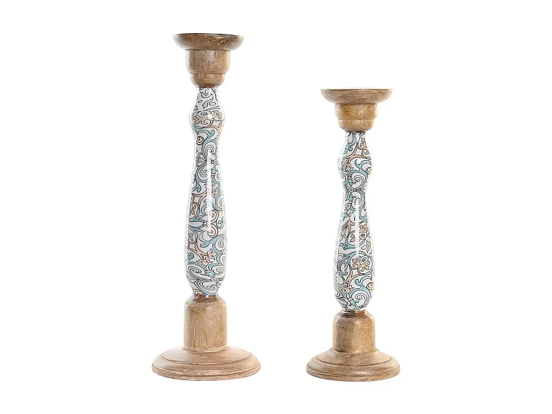 Set de 2 Portavelas en Madera de Mango y Metal Marrón 17x17x52,5 cm - Estilo Rústico y Moderno