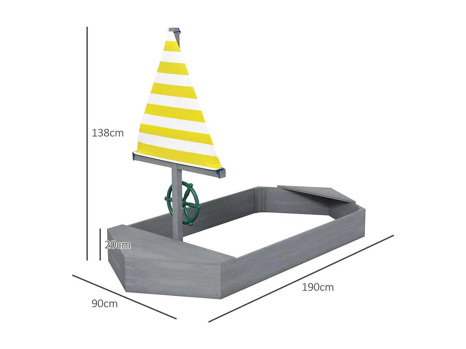 Bac à sable enfant design bateau - dim. 190L x 90l x 138H cm - voile, gouvernail - bois gris