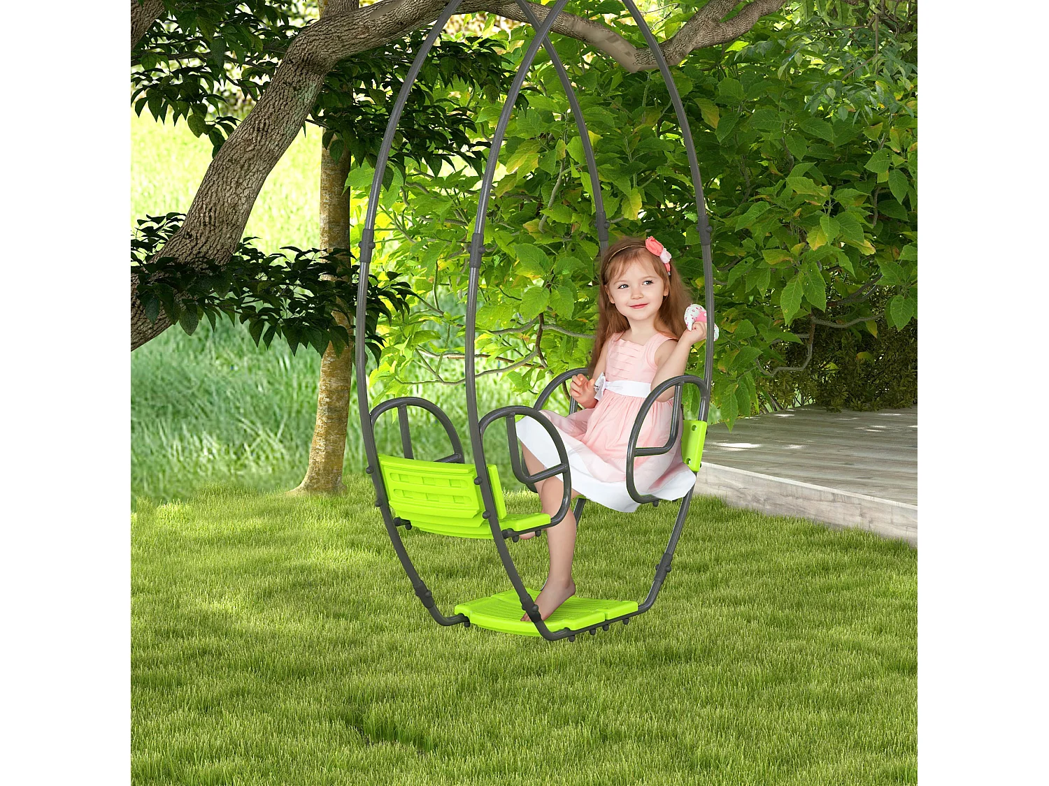 Balançoire agrès face à face enfant 3 à 6 ans - assises, dossiers, repose-pieds - acier gris PE vert