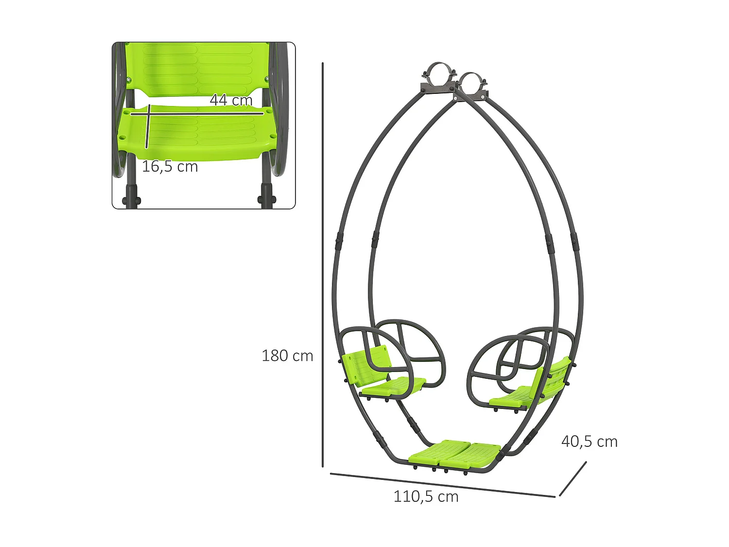 Balançoire agrès face à face enfant 3 à 6 ans - assises, dossiers, repose-pieds - acier gris PE vert