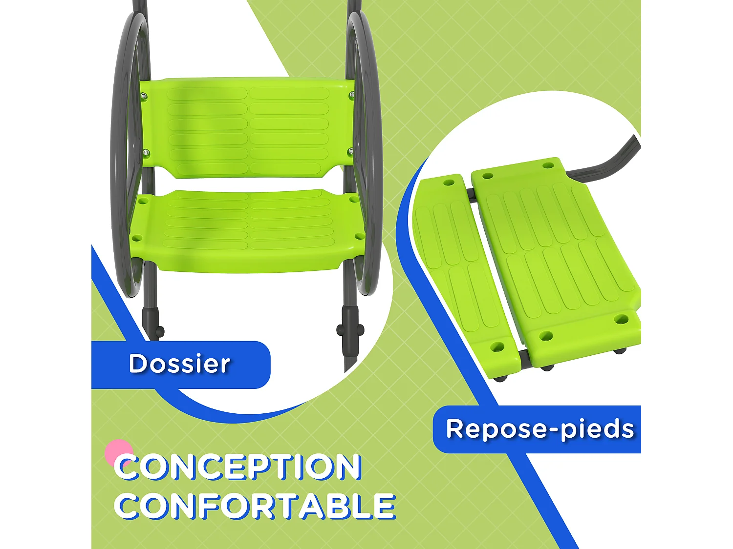Balançoire agrès face à face enfant 3 à 6 ans - assises, dossiers, repose-pieds - acier gris PE vert