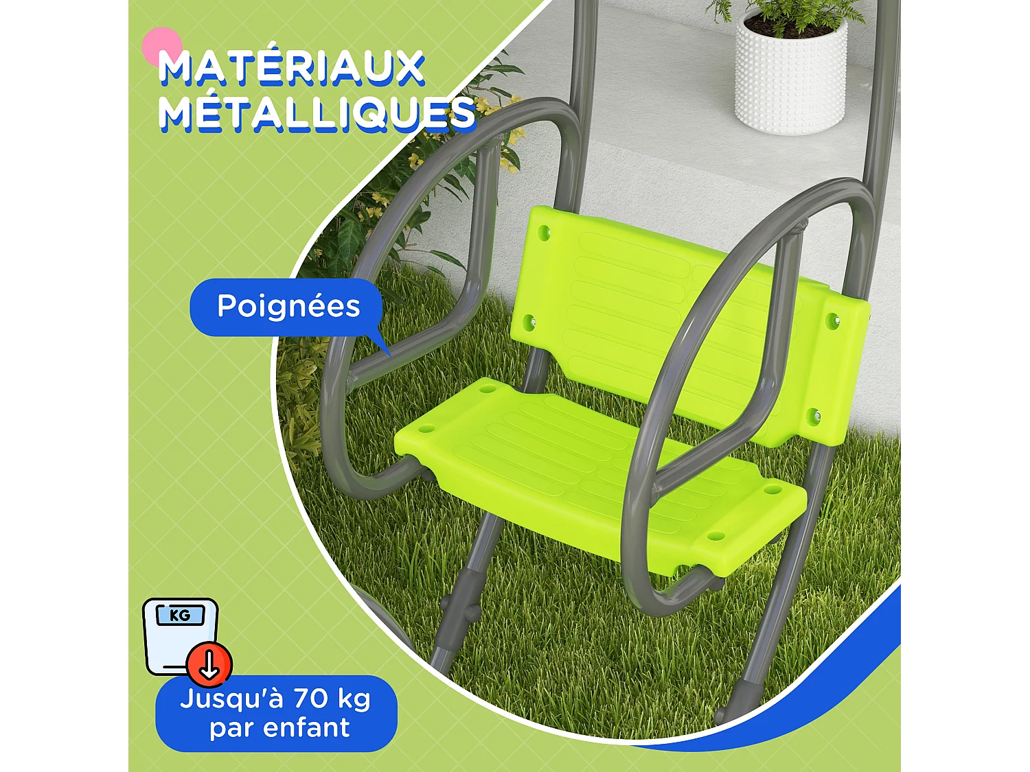 Balançoire agrès face à face enfant 3 à 6 ans - assises, dossiers, repose-pieds - acier gris PE vert