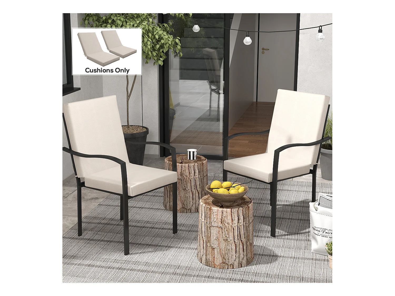 Lot de 2 coussins galettes de chaise de jardin - dim. 112L x 51l x ép. 8 cm - cordons attache - polyester déperlant beige