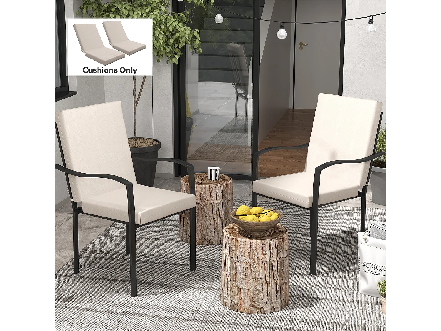 Lot de 2 coussins galettes de chaise de jardin - dim. 112L x 51l x ép. 8 cm - cordons attache - polyester déperlant beige