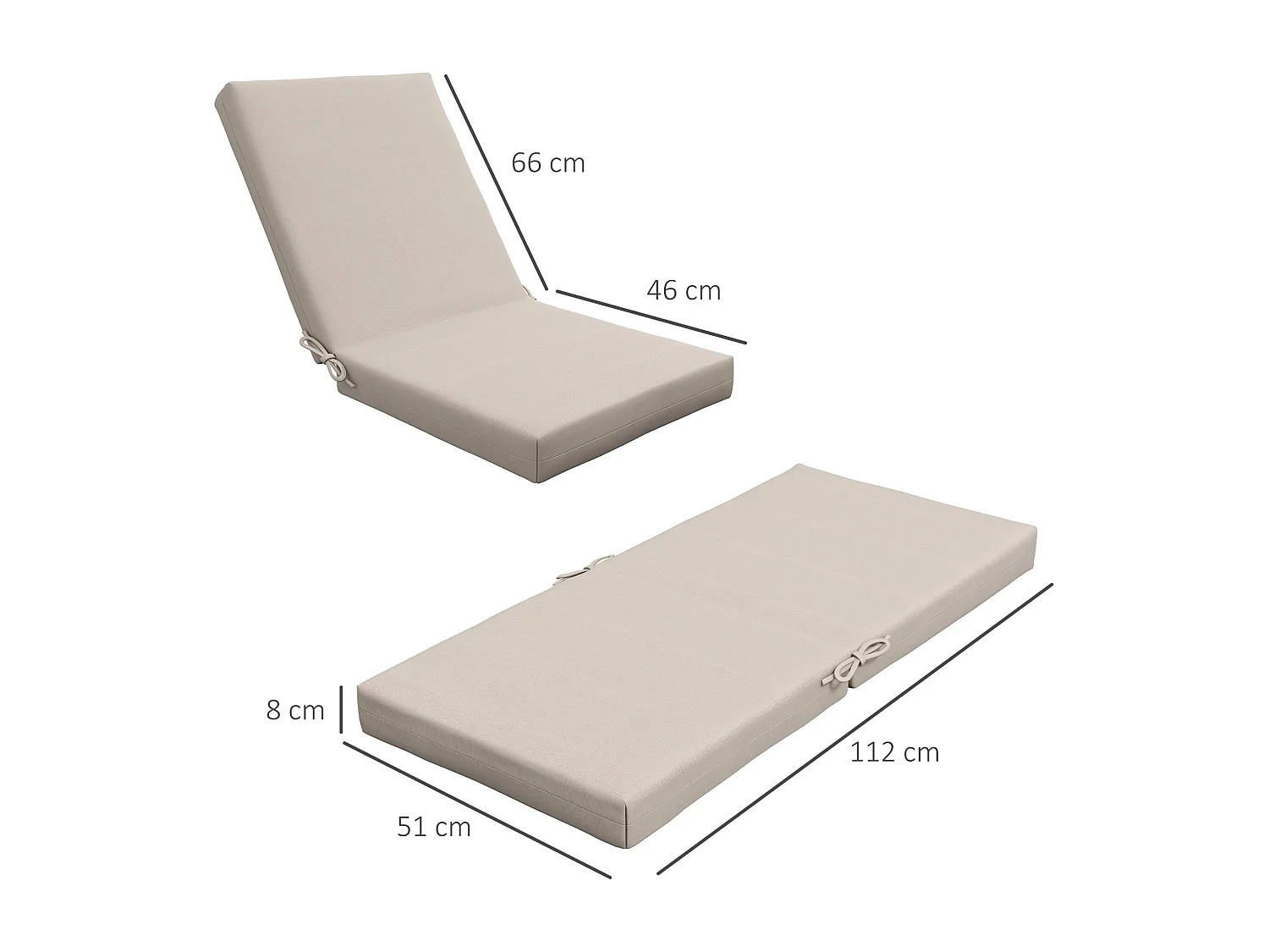 Lot de 2 coussins galettes de chaise de jardin - dim. 112L x 51l x ép. 8 cm - cordons attache - polyester déperlant beige