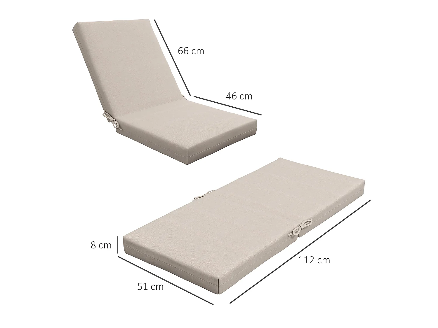 Lot de 2 coussins galettes de chaise de jardin - dim. 112L x 51l x ép. 8 cm - cordons attache - polyester déperlant beige