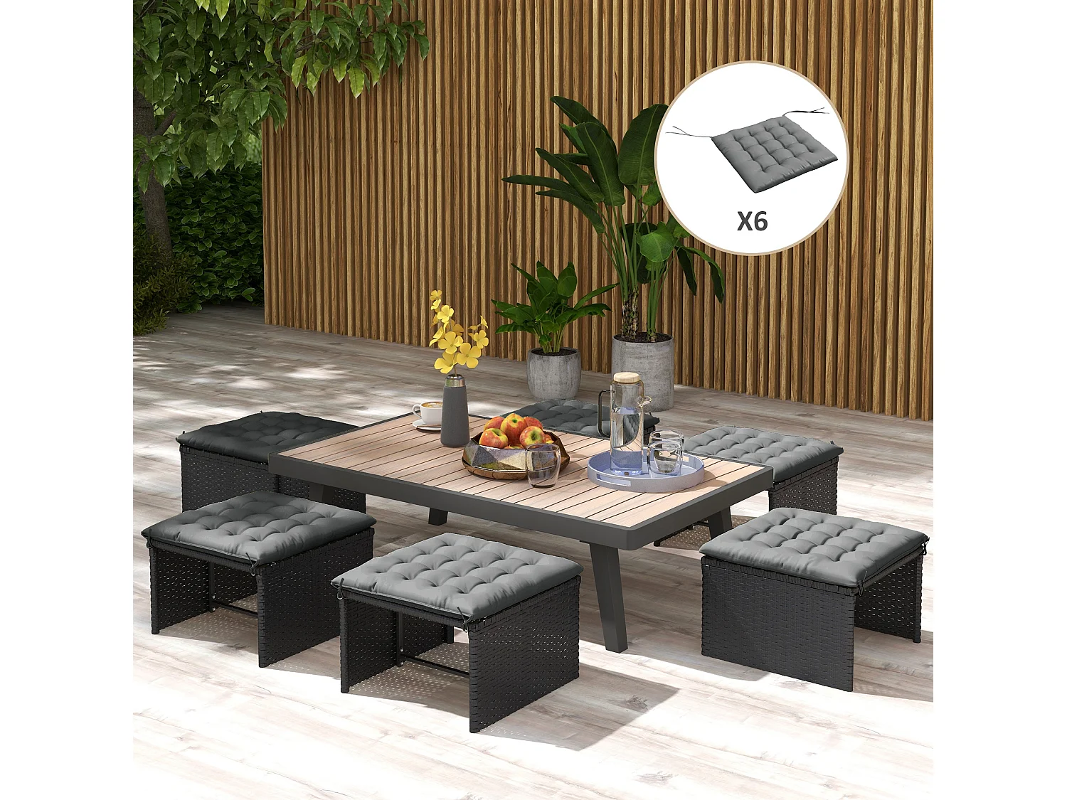 Lot de 6 coussins de chaises de jardin avec attaches gris