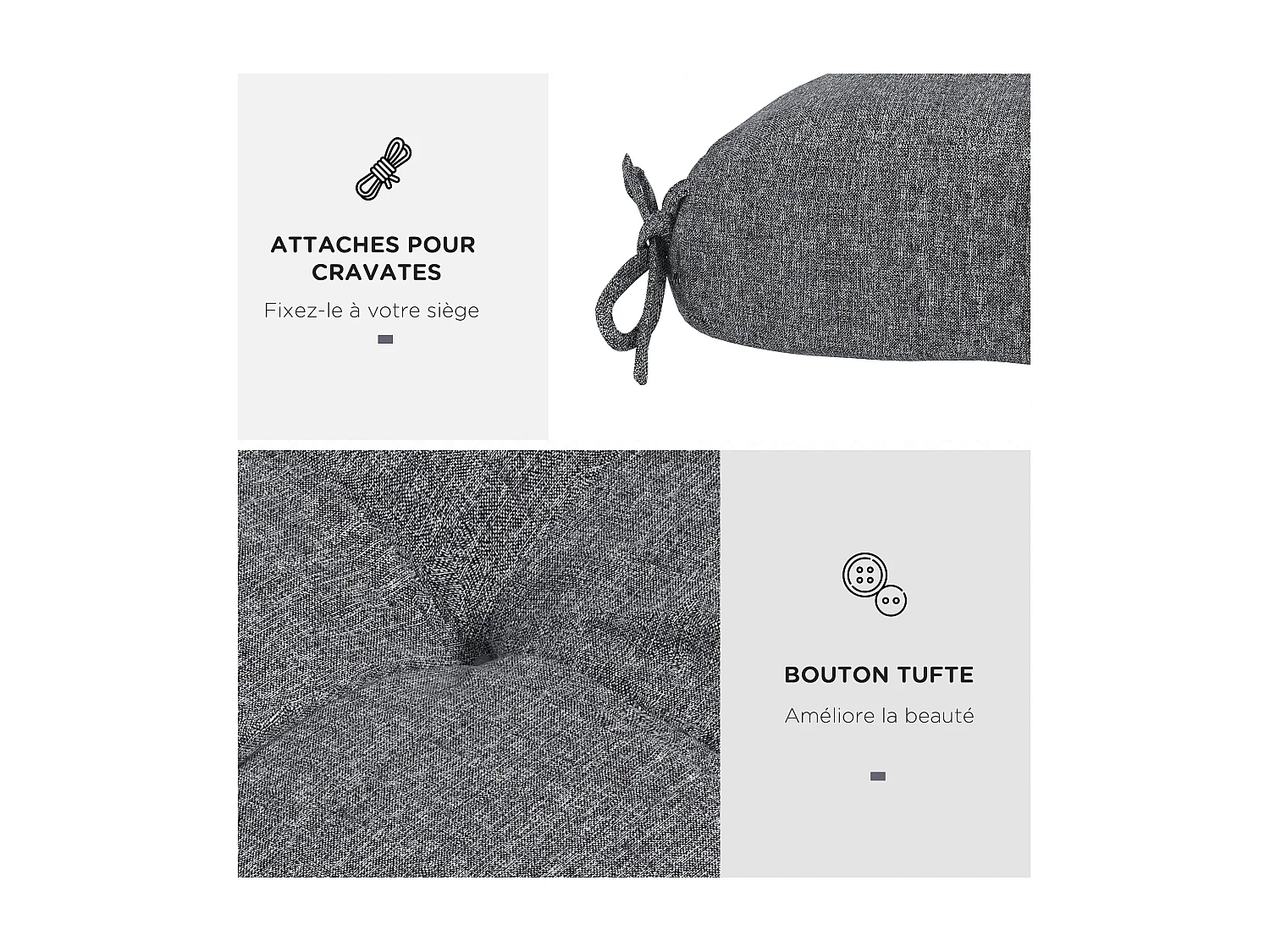 Lot de 4 coussins de chaise de jardin avec attaches gris