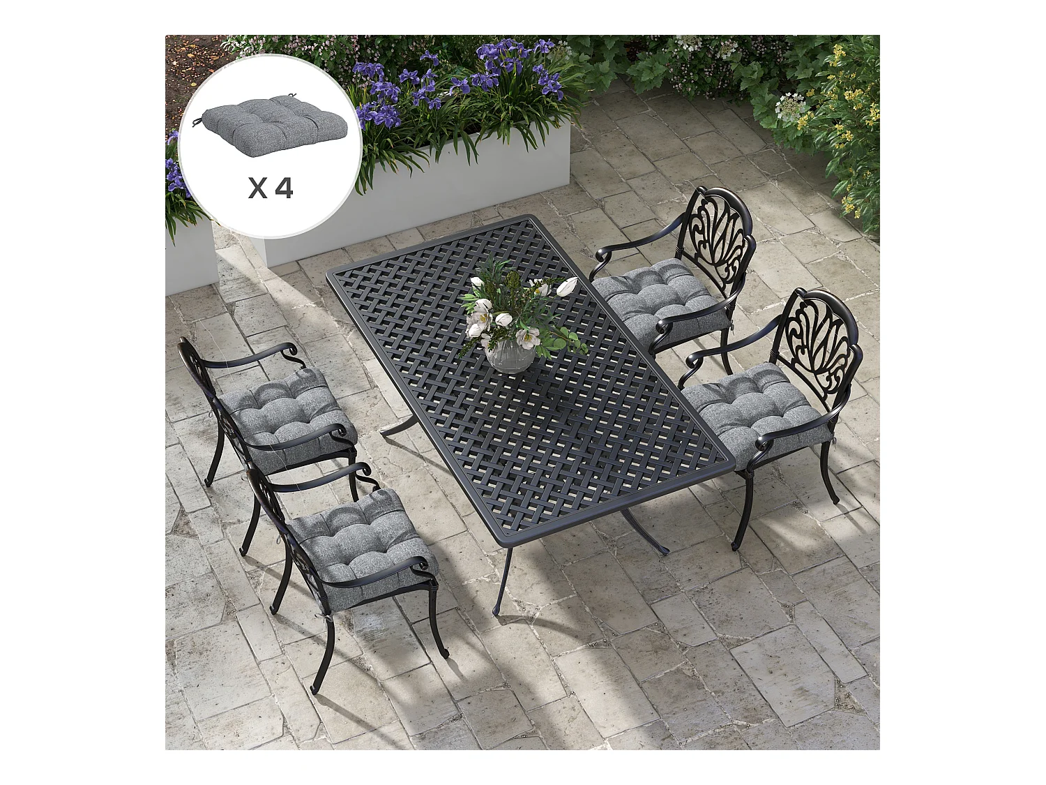 Lot de 4 coussins de chaise de jardin avec attaches gris