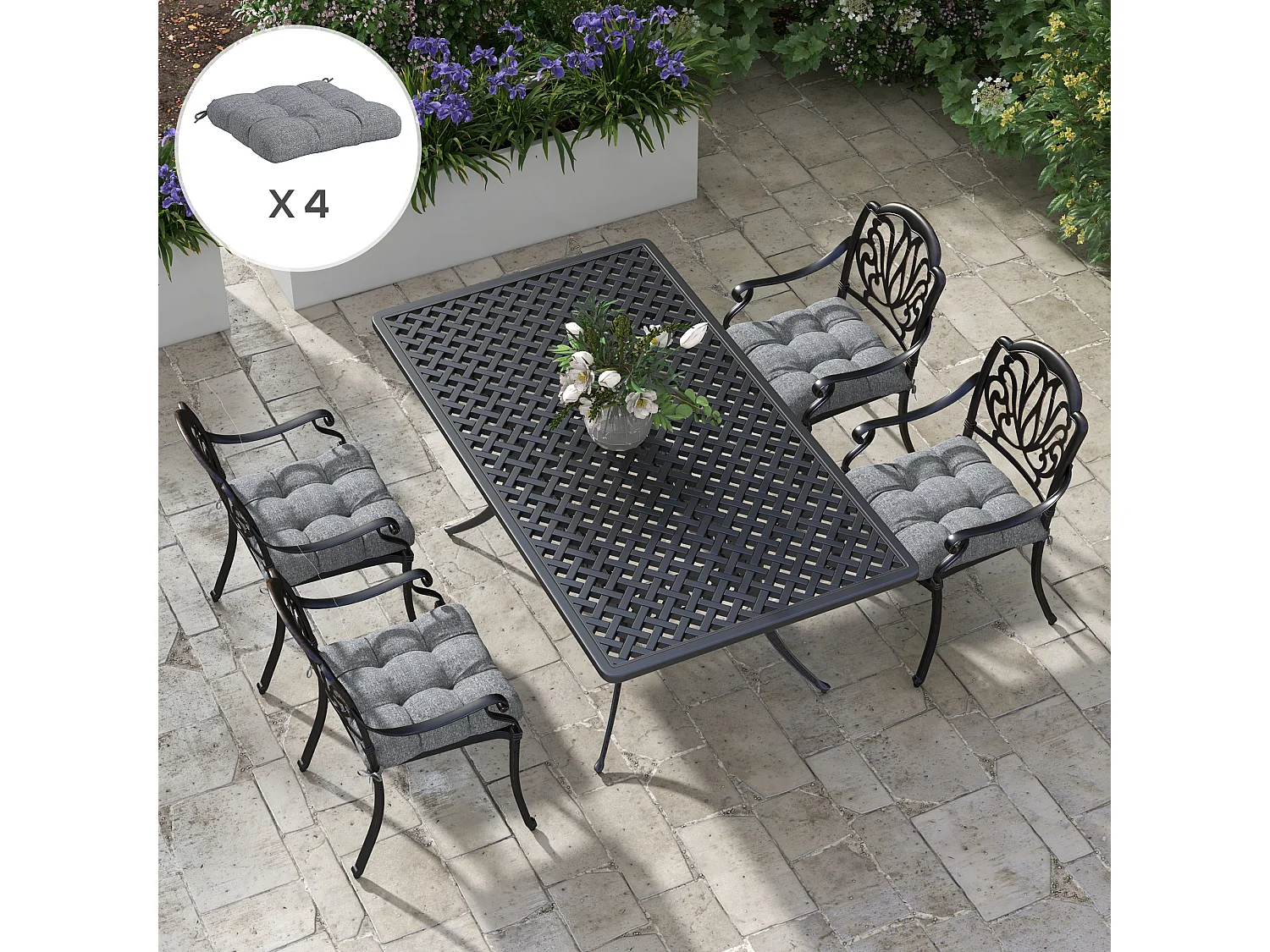 Lot de 4 coussins de chaise de jardin avec attaches gris