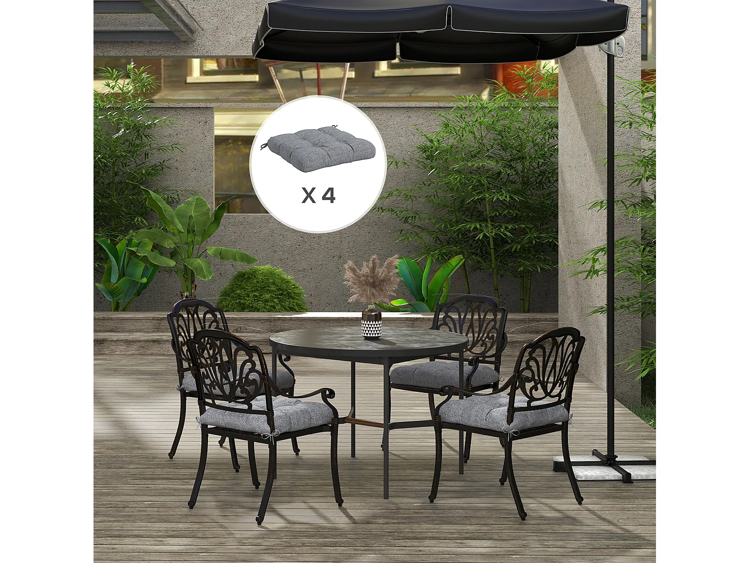 Lot de 4 coussins de chaise de jardin avec attaches gris