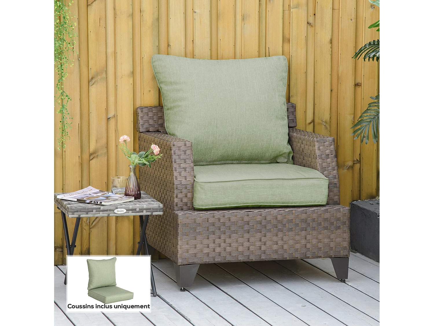 Lot de 2 coussins matelas assise dossier pour chaise de jardin fauteuil polyester vert clair