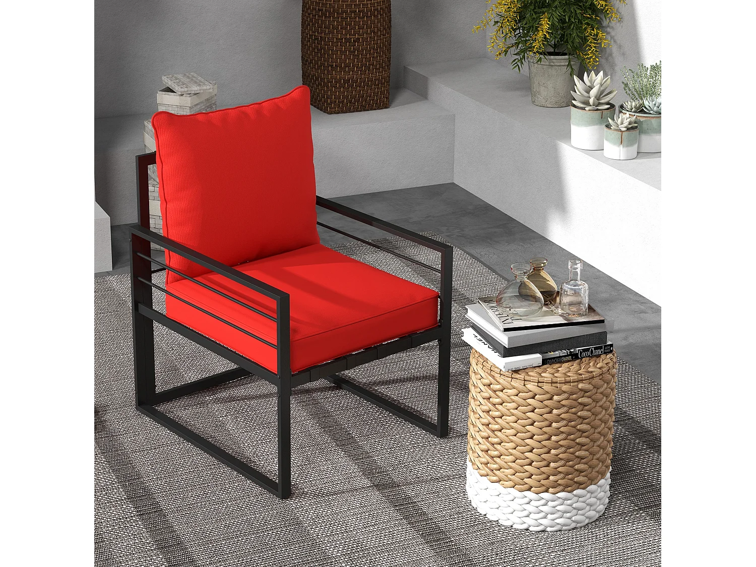 Lot de 2 coussins matelas assise dossier pour chaise de jardin fauteuil polyester rouge