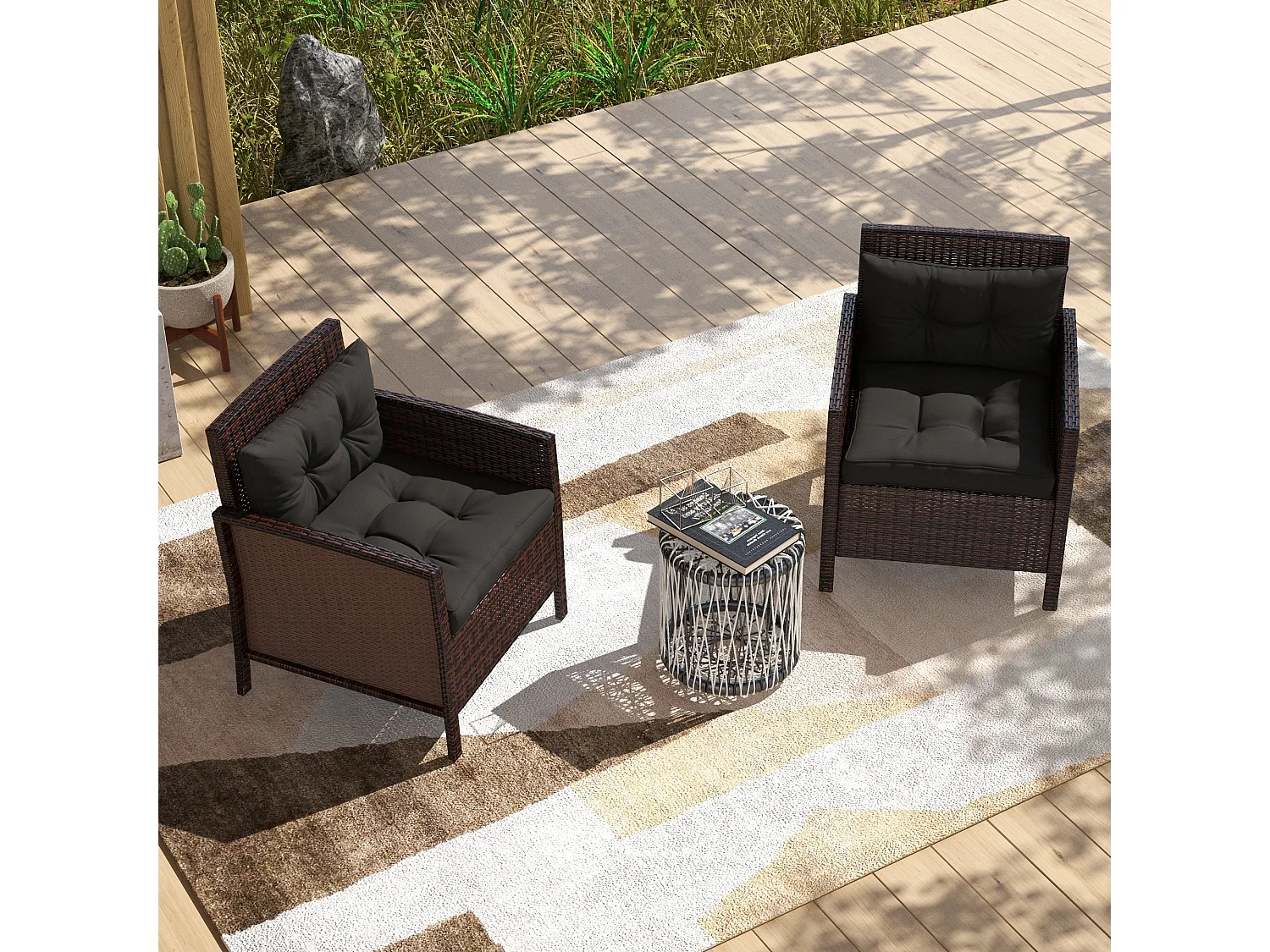 Lot de 4 coussins assises dossiers fauteuils de jardin - effet capitonné - polyester anthracite