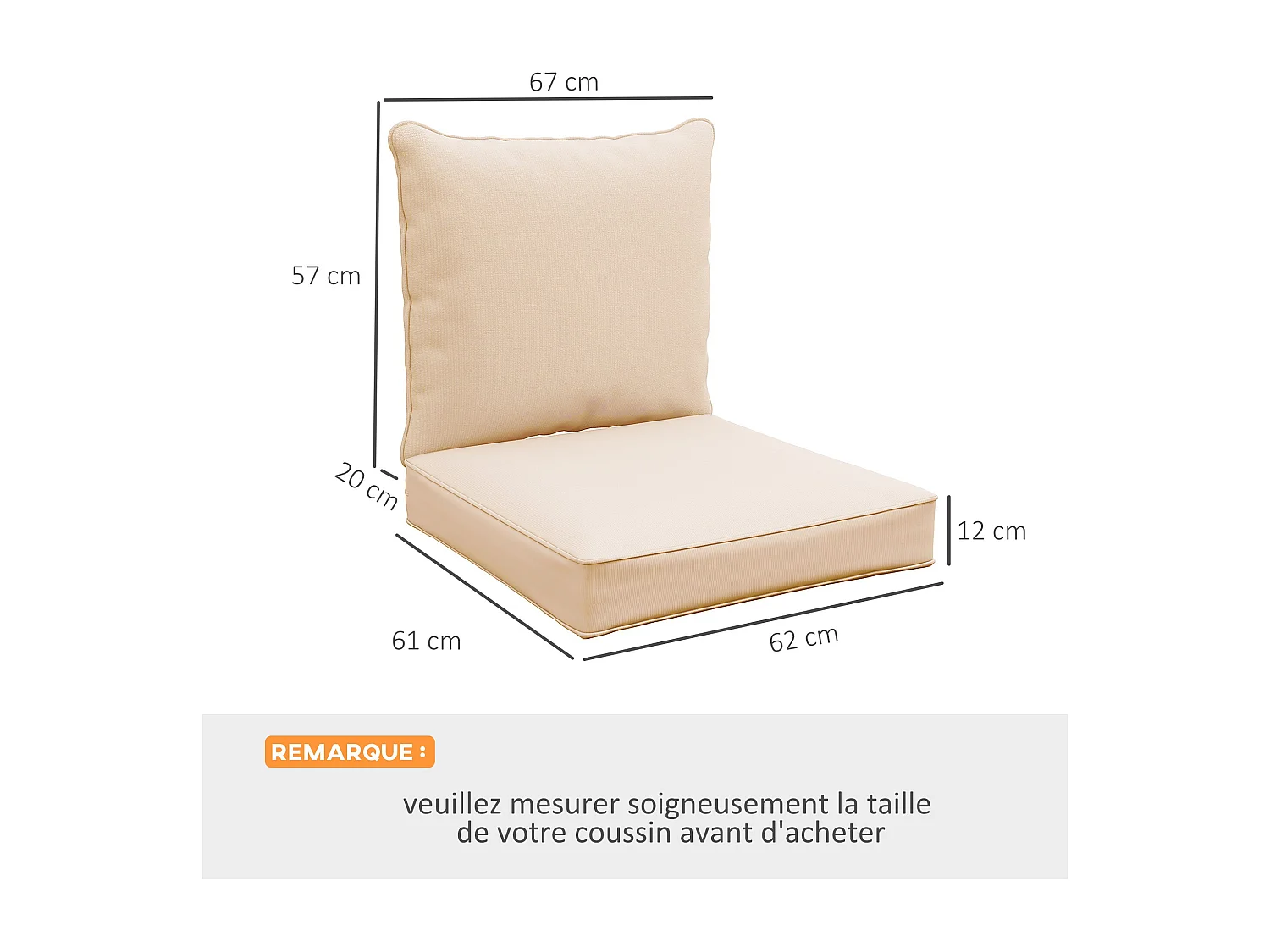 Lot de 2 coussins matelas assise dossier pour chaise de jardin fauteuil polyester beige