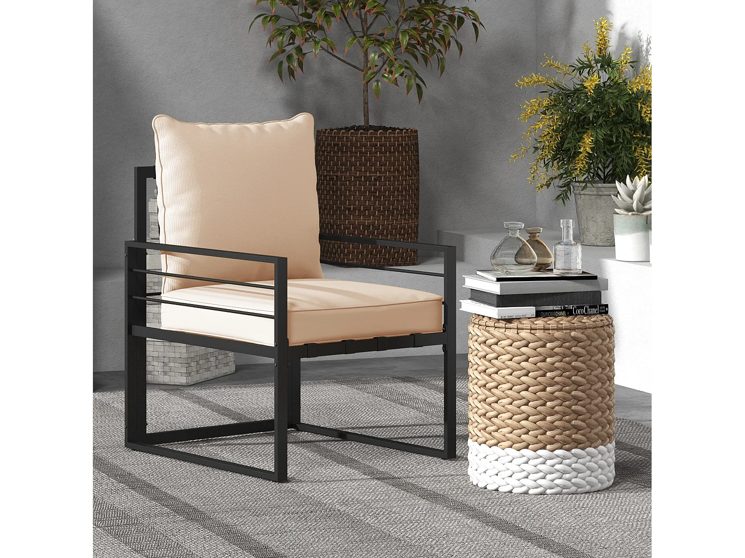 Lot de 2 coussins matelas assise dossier pour chaise de jardin fauteuil polyester beige