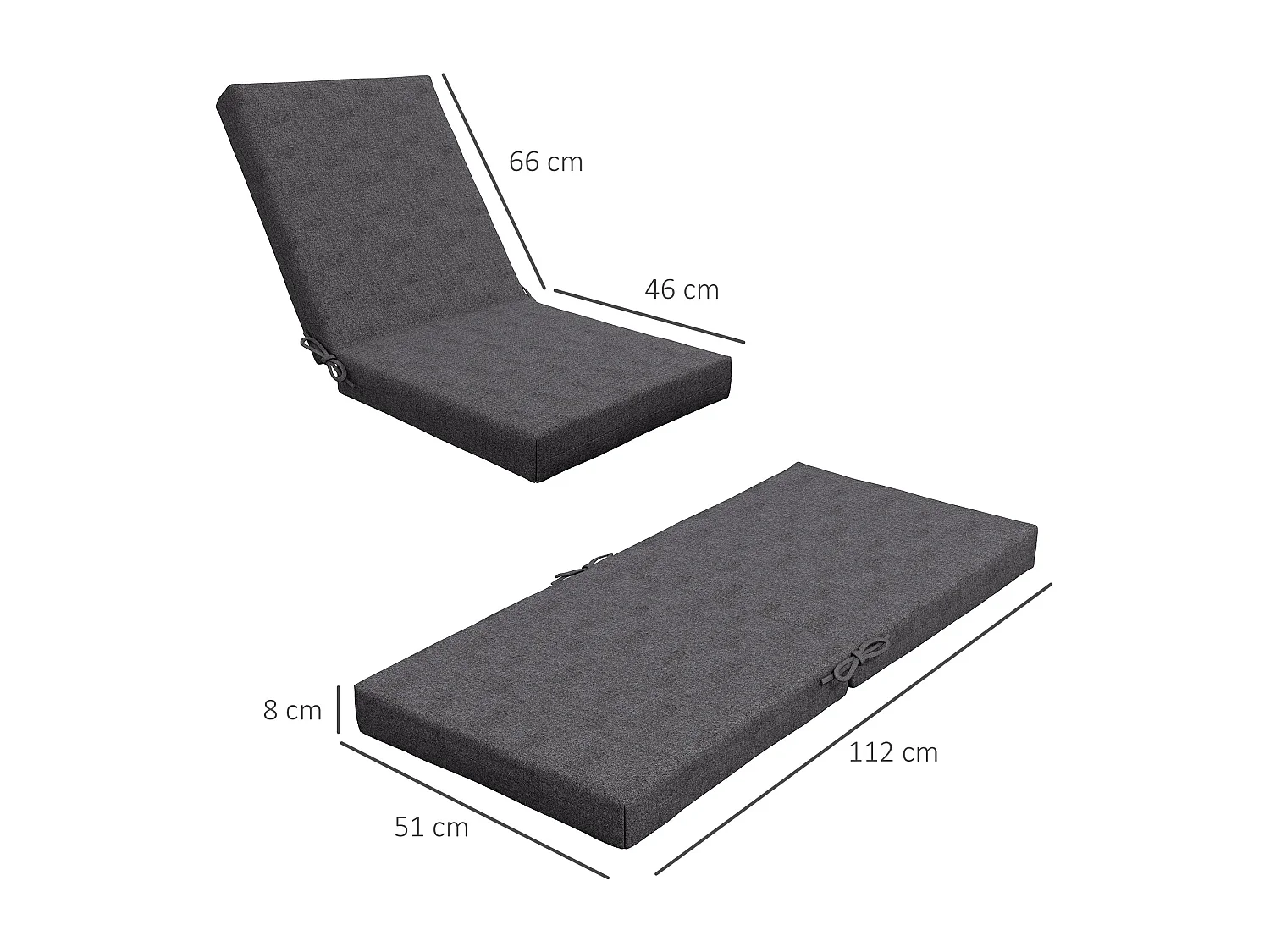 Lot de 2 coussins galettes de chaise de jardin - dim. 112L x 51l x ép. 8 cm - cordons attache - polyester déperlant anthracite