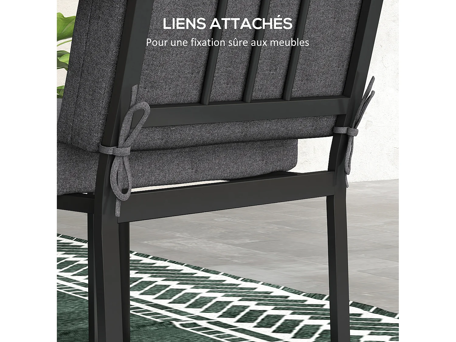 Lot de 2 coussins galettes de chaise de jardin - dim. 112L x 51l x ép. 8 cm - cordons attache - polyester déperlant anthracite