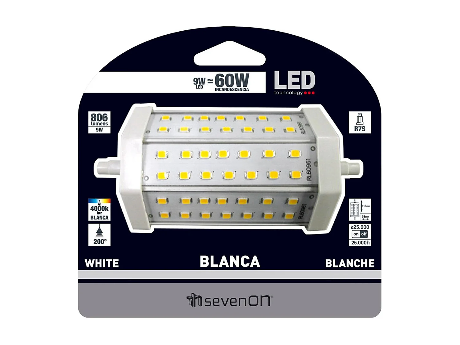 Lampadina Tubo LED R7S 9W Equi.60W 806lm 4000K 25000H 7hSevenOn