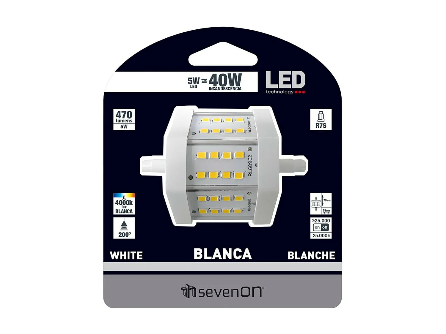 Lampadina Tubo LED R7S 5W Equi.40W 470lm 4000K 25000H 7hSevenOn