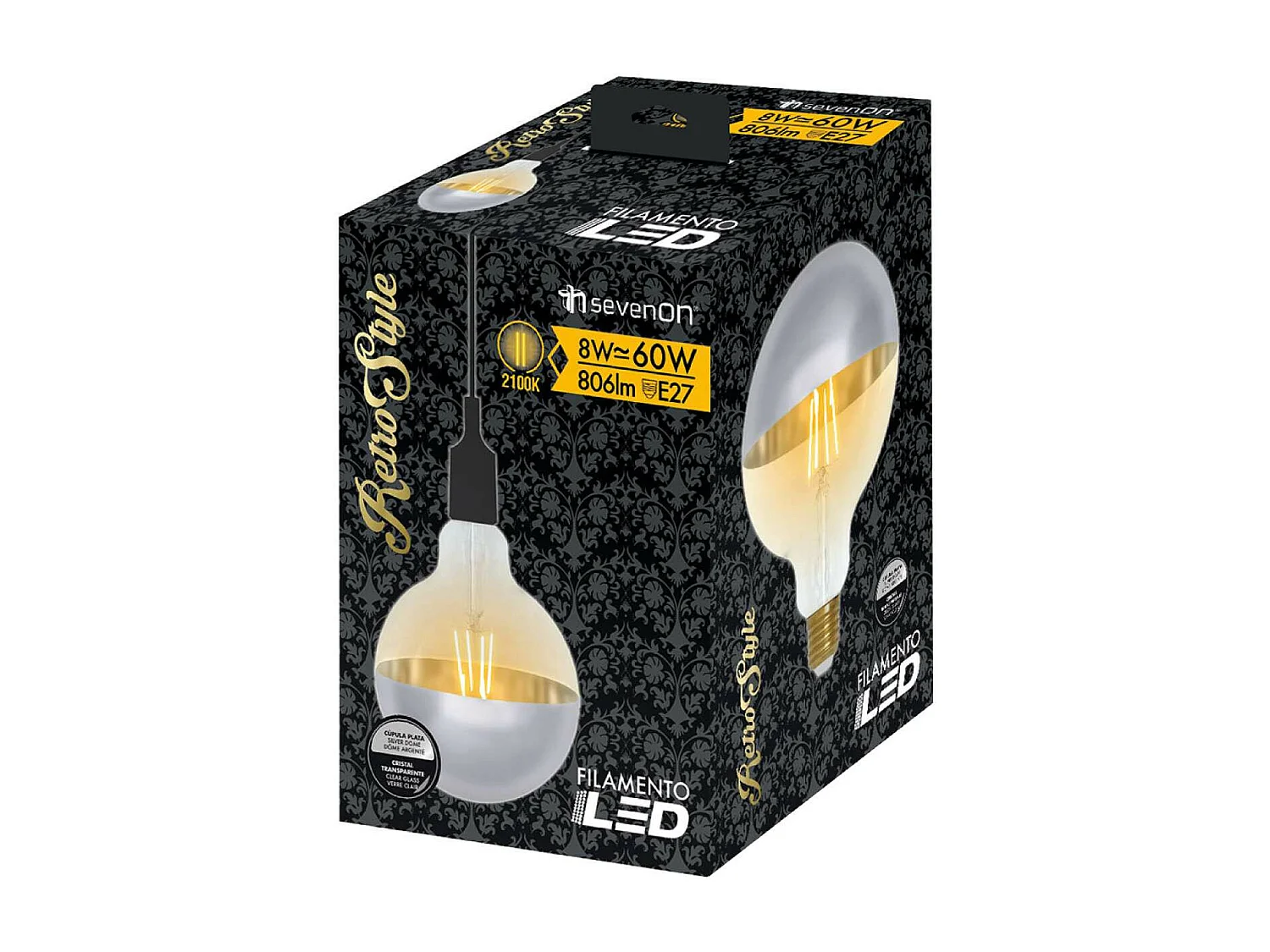 Lampadina LED Globo G120 Cupola Argento E27 8W Equi.60W 806lm 2100K Vintage 15000H 7hSevenOn Vintage