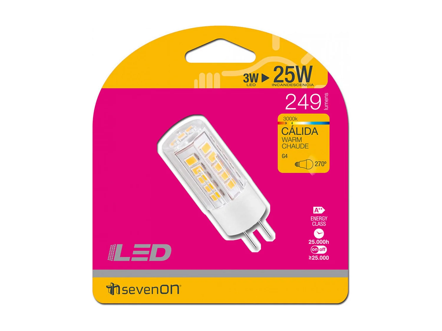 Lampadina LED Bipin G4 3W Equi.25W 249lm 3000K 25000H 7hSevenOn