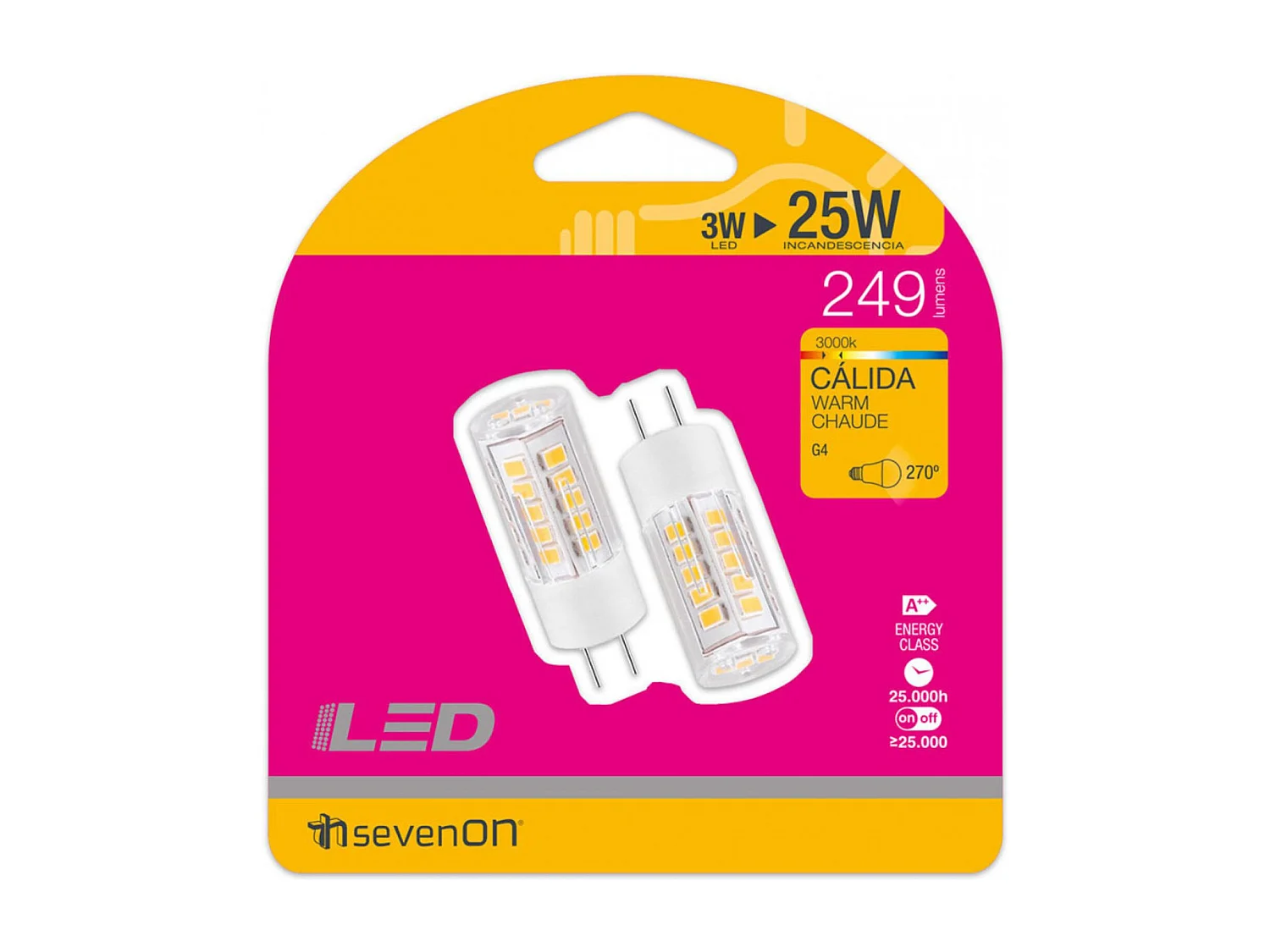 Pack 2 Lampadine LED Bipin G4 3W Equi.25W 249lm 3000K 25000H 7hSevenOn