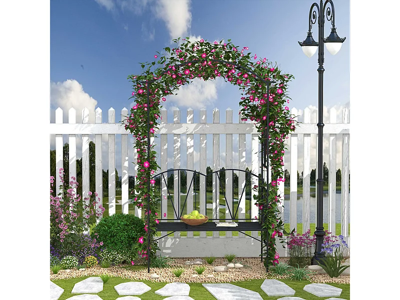 Arche de jardin avec banc 2 places dim. 115L x 54l x 203H cm métal thermolaqué noir