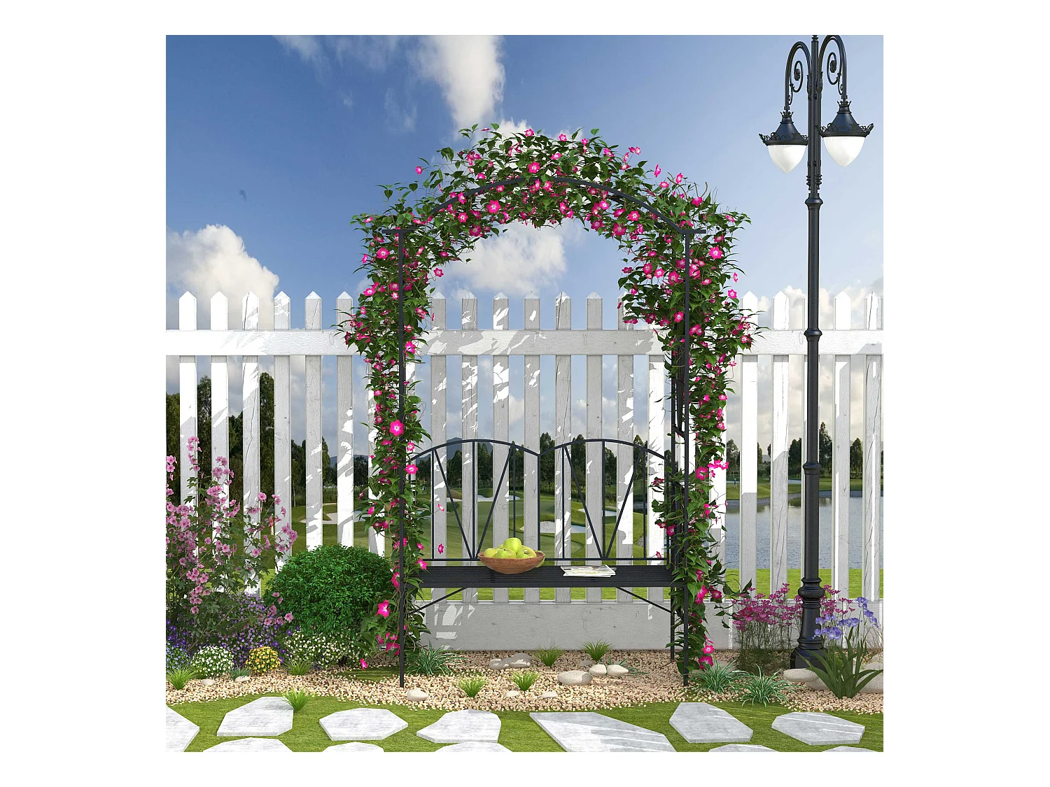 Arche de jardin avec banc 2 places dim. 115L x 54l x 203H cm métal thermolaqué noir