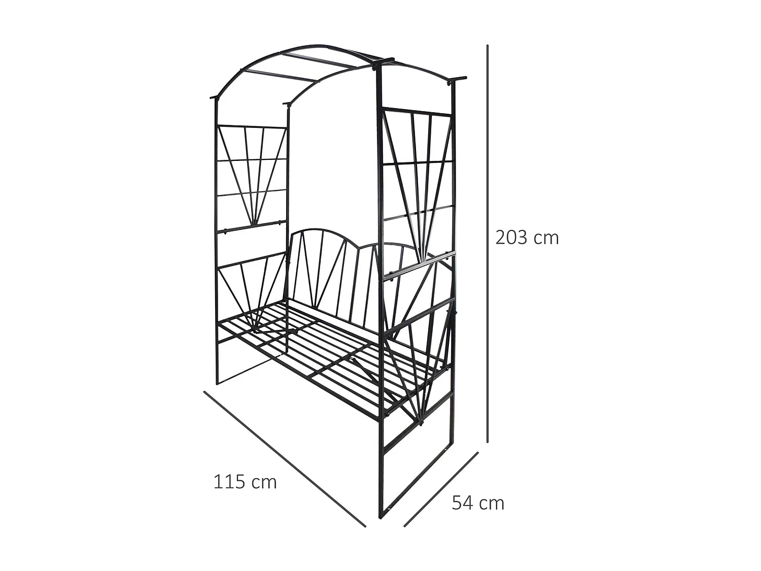 Arche de jardin avec banc 2 places dim. 115L x 54l x 203H cm métal thermolaqué noir