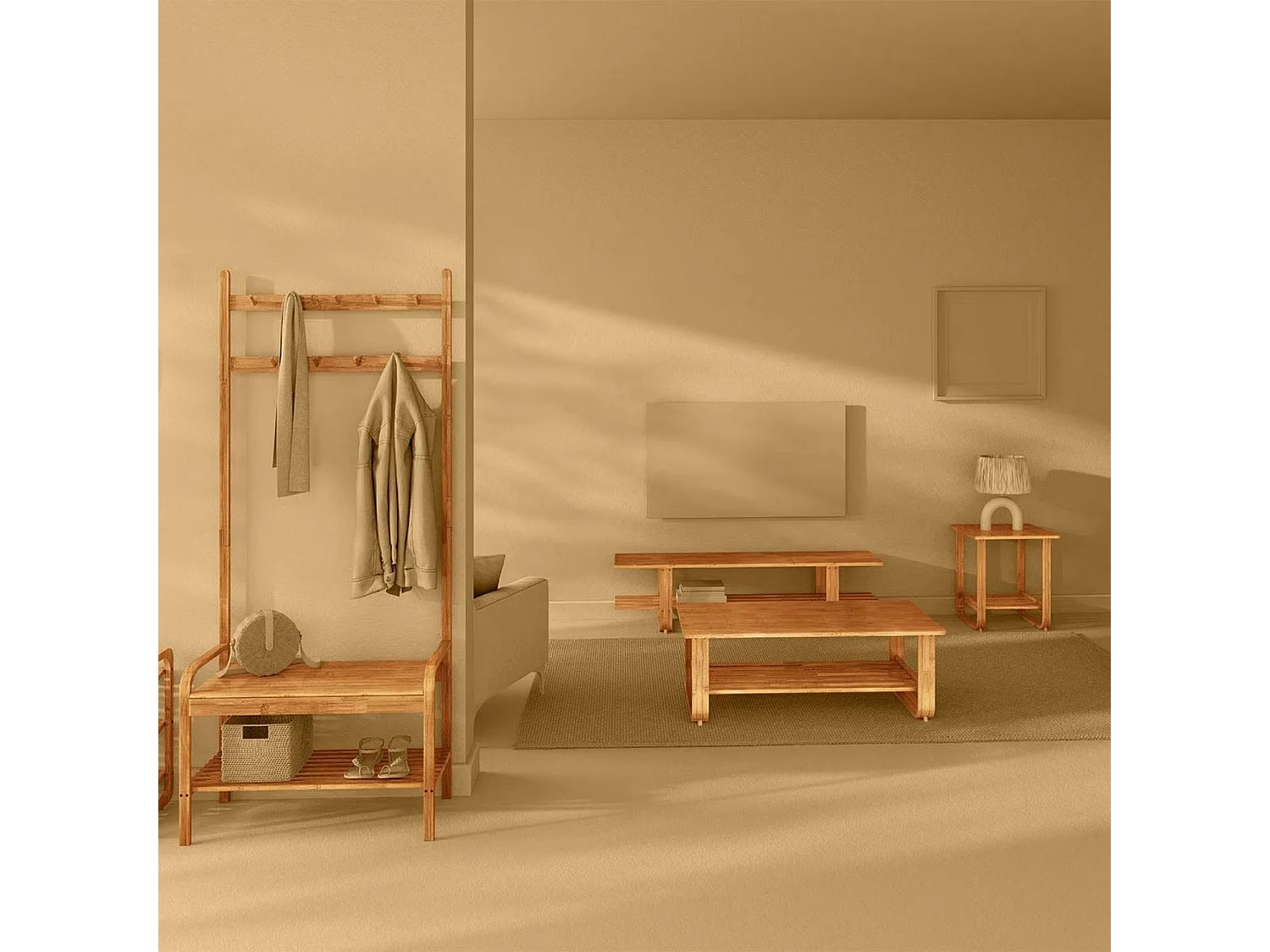 Porte-manteau, étagère à chaussures en bambou avec banc 170x73,5x34,5 cm O91