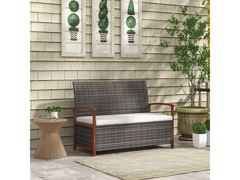 Banc coffre de jardin 2 en 1 - 2 places - coussin inclus - résine tressée grise piètement accoudoirs bois acacia